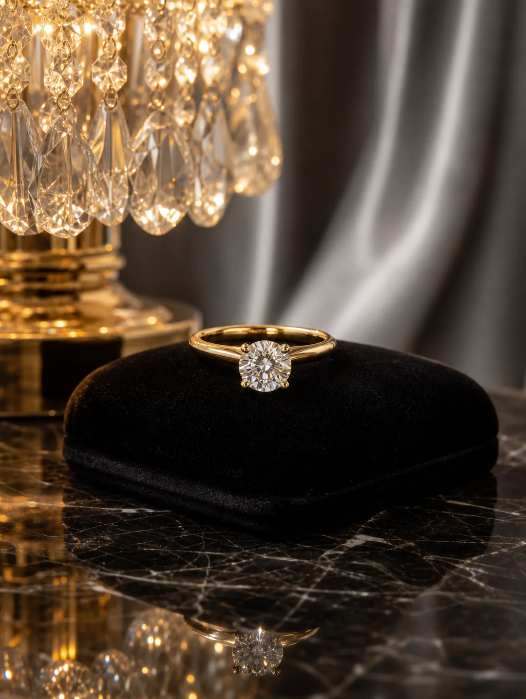 Elegant diamond engagement ring set in a luxury bridal suite